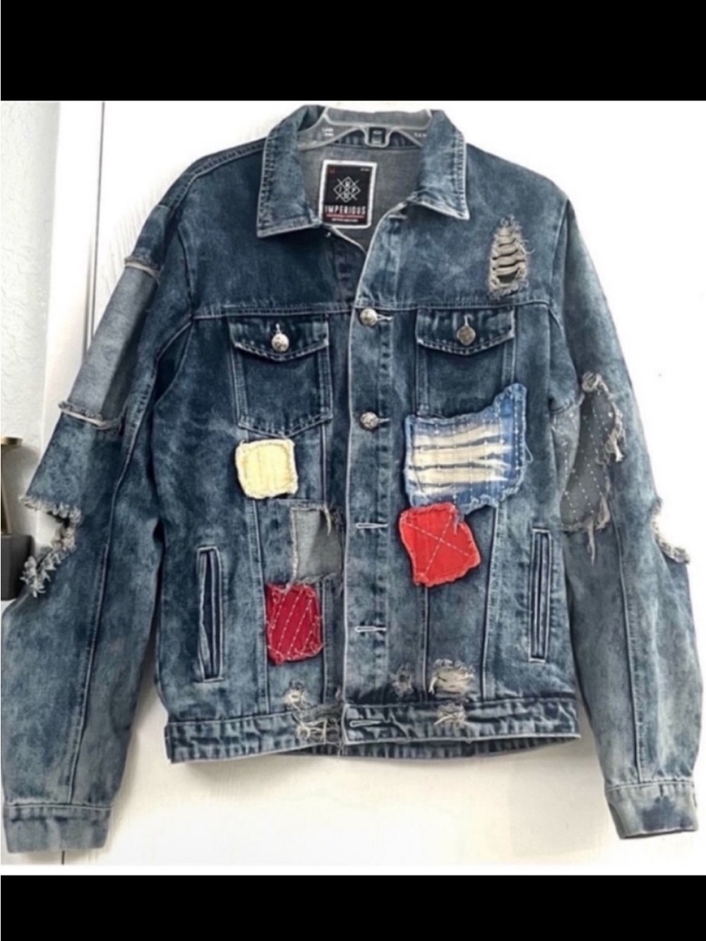 Imperious Distressed Patchwork Denim Jacket
- Blue Size Medium